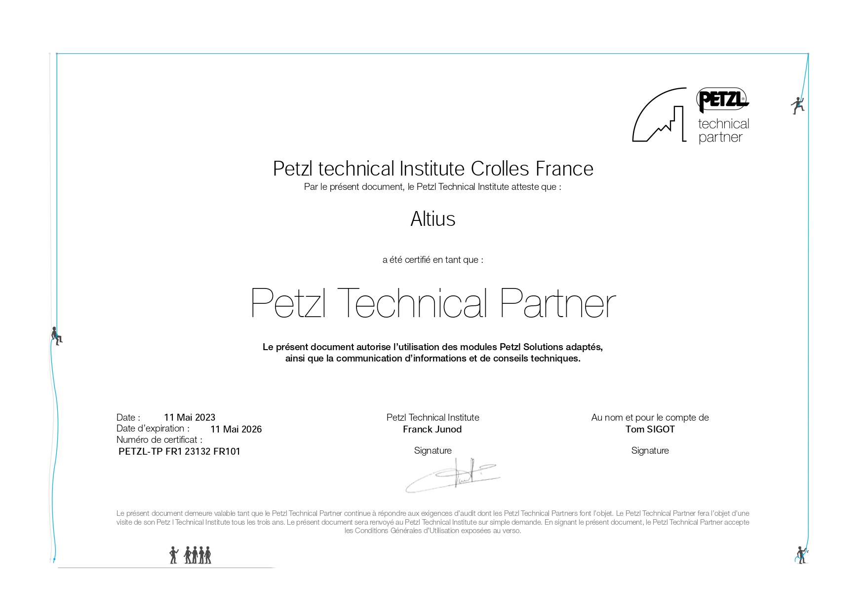 Certification Petzl Technical Partner travail en verticalité Altius