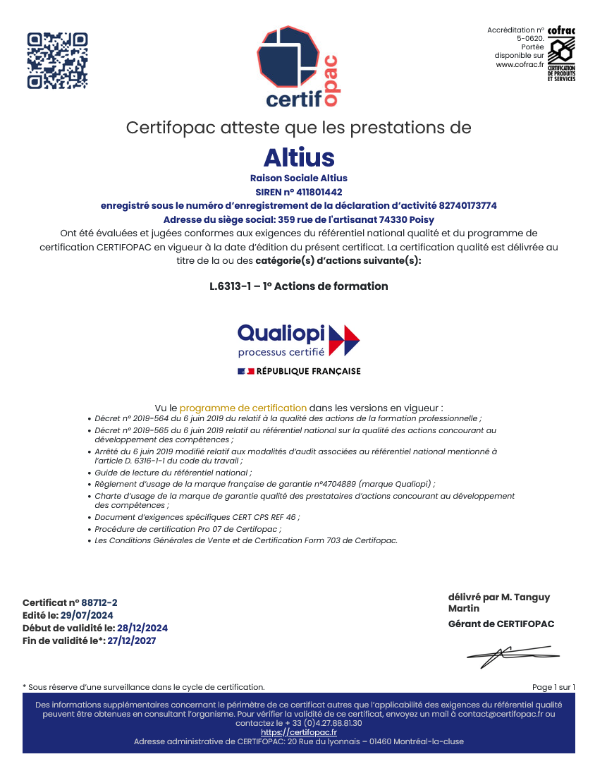certificat Qualiopi Altius