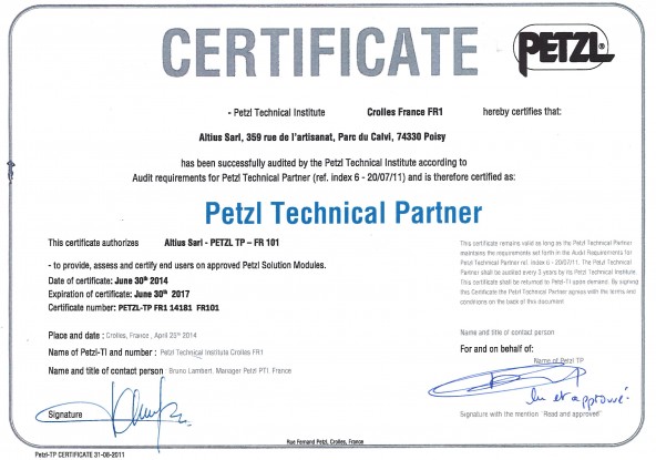 Certification Petzl Technical Partner pour ALTIUS